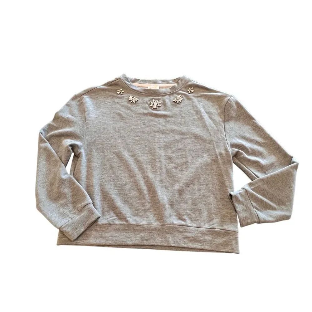 Remi James NYC Women's Rhinestones Pullover Sweatshirt Heather Light Gray Small
